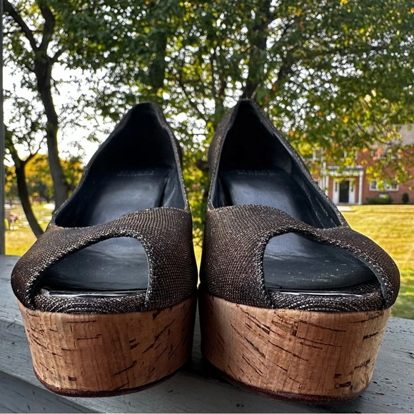 STUART WEITZMAN Metallic Sparkle Silver Gold Cork Wedge Platform Peep Toe Leathe - Picture 3 of 14